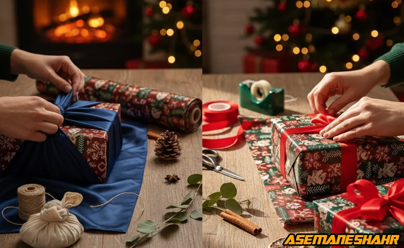 بسته بندی هدیه با پارچه آبی لوکس و کاغذ کادوی کریسمسی طرح برف، تزئین شده با روبان قرمز و وسایل تزیین روی میز چوبی.