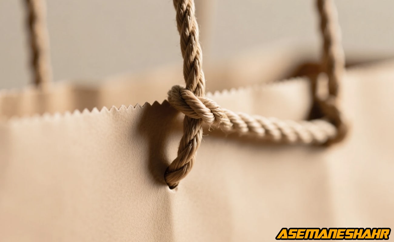 اتصال بند کنفی ساک دستی آسمان شهر به بدنه کاغذی با جزئیات بافت پیچ‌ خورده و نور طبیعی گرم، نماد دوام و کیفیت بسته‌ بندی لوکس.