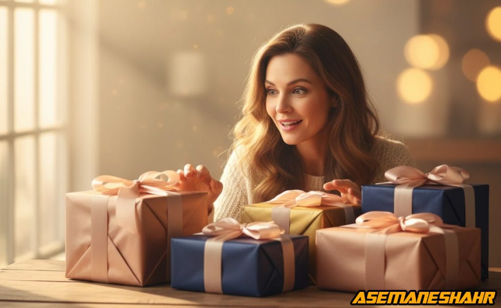 بسته‌ های هدیه لوکس آسمان شهر با کاغذهای کادوی صورتی، طلایی و سرمه‌ ای روی میز چوبی در نور گرم صبحگاهی.