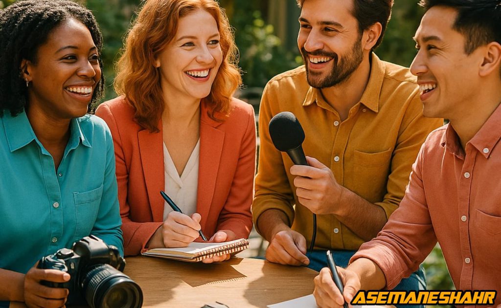 گروه خبرنگاران در فضای باز در حال مصاحبه و یادداشت‌ برداری با دوربین حرفه‌ ای و میکروفون، پوشش لباس‌ های گرم و رسمی.