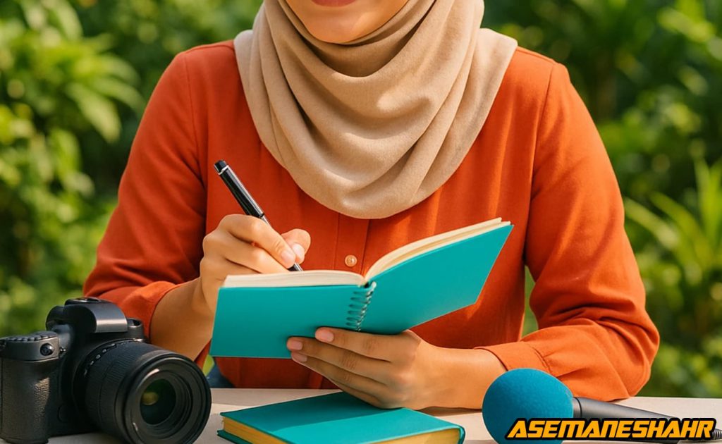 خبرنگار زن با حجاب در حال نوشتن یادداشت خبری در دفتر فیروزه ای، کنار دوربین و میکروفون روی میز در فضای طبیعی روز خبرنگار.