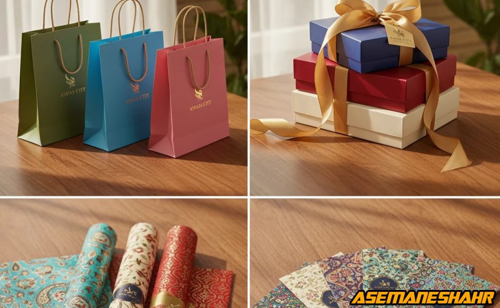 کالکشن بسته بندی جذاب با ساک دستی رنگی و جعبه های هدیه روبان دار با طرح سنتی و ایرانی روی میز چوبی در نور طبیعی.