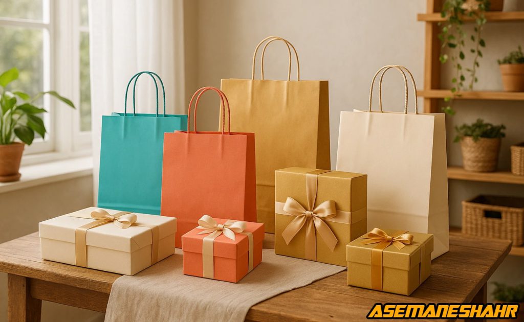 نمونه بسته بندی هدیه با بگ شاپ کاغذی رنگی و جعبه های هدیه روبان دار در فضای طبیعی و نور روز.