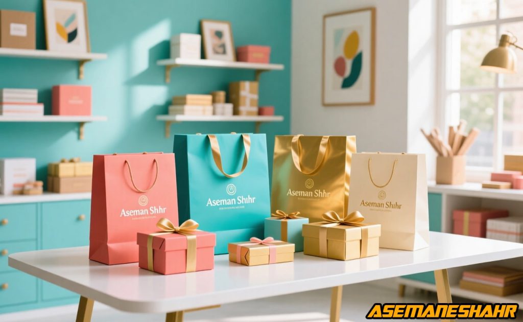 فضای استودیوی فروشگاه آنلاین آسمان شهر با چیدمان لوکس جعبه‌ های کادویی و ساک‌ های هدیه در طراحی حرفه‌ ای بسته‌ بندی.