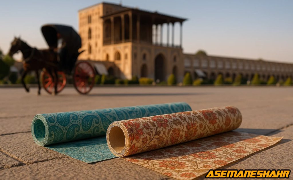 رول‌ های کاغذ کادوی طرح سنتی آسمان شهر با نقوش اسلیمی و گلدار در میدان نقش جهان اصفهان، تلفیق بسته‌ بندی لوکس و هنر ایرانی.