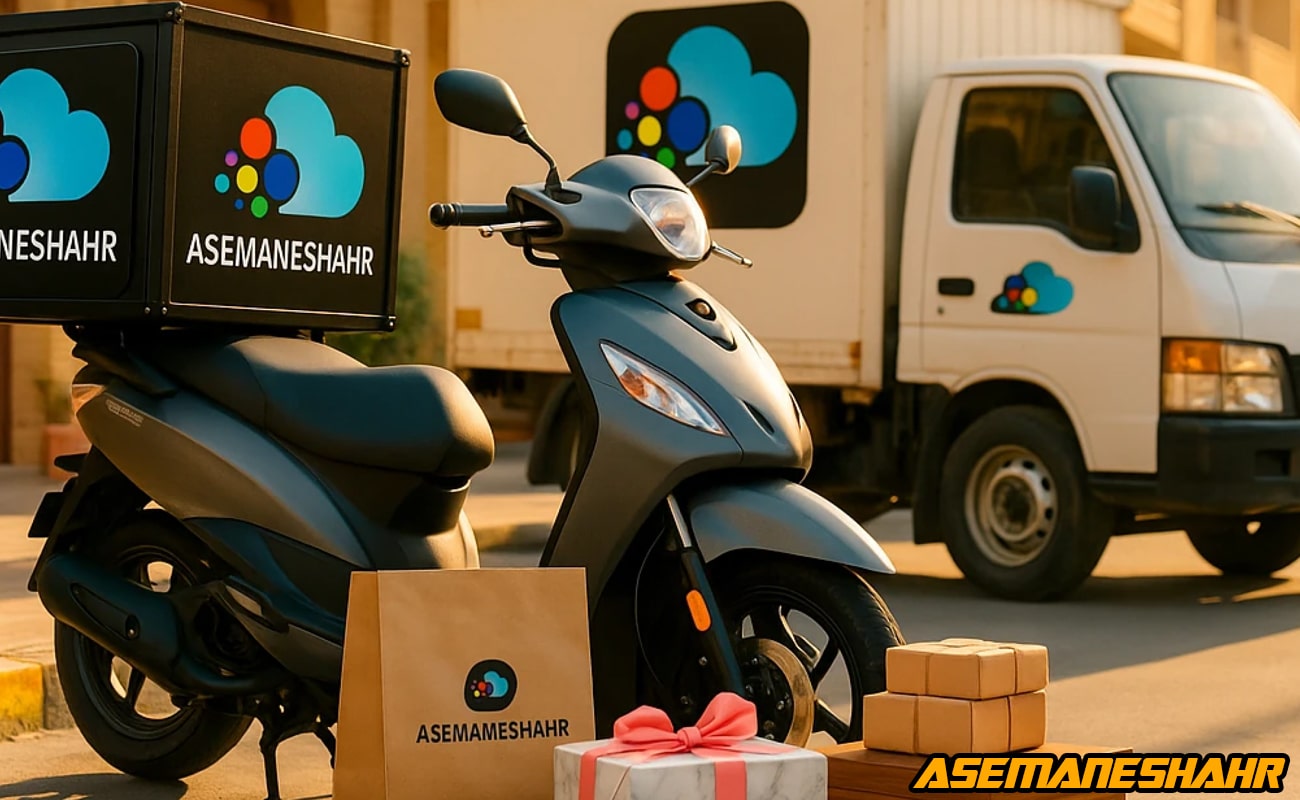 موتور و وانت آسمان شهر با لوگوی برند در حال آماده سازی بسته های هدیه و ساک های کاغذی برای ارسال سفارش ها در نور گرم عصر.