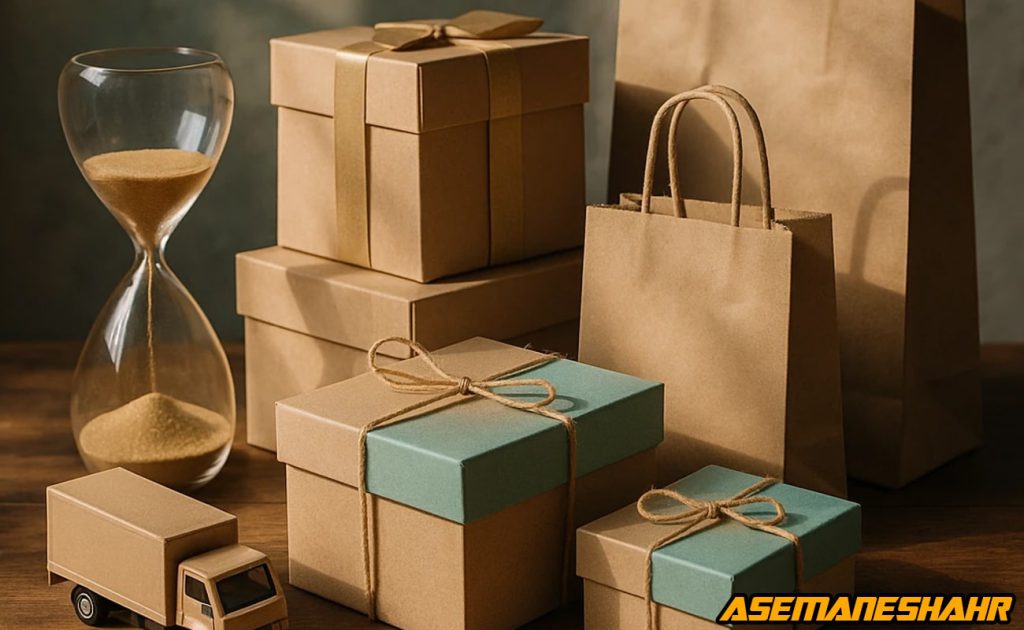 بسته های هدیه و ساک های کاغذی آسمان شهر در کنار ساعت شنی و ماکت کامیون کوچک، نماد زمان آماده سازی و ارسال سفارش.