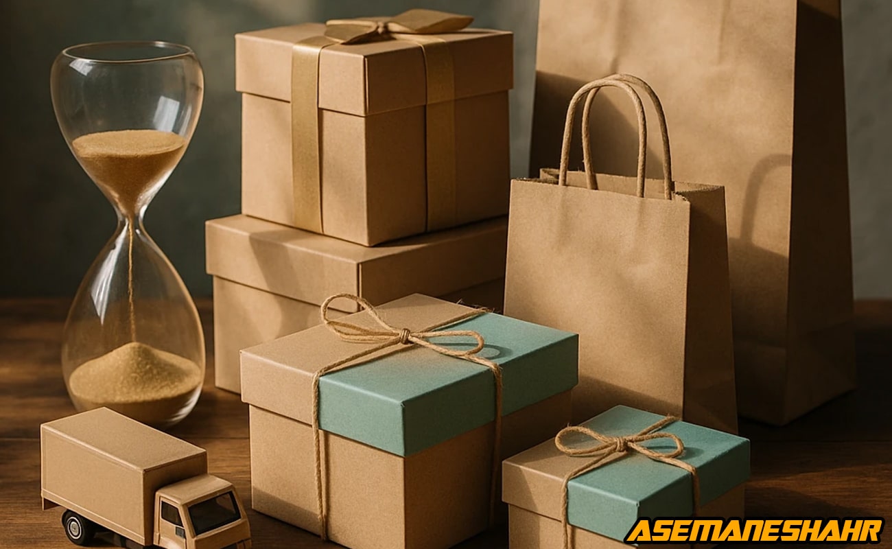 بسته های هدیه و ساک های کاغذی آسمان شهر در کنار ساعت شنی و ماکت کامیون کوچک، نماد زمان آماده سازی و ارسال سفارش.