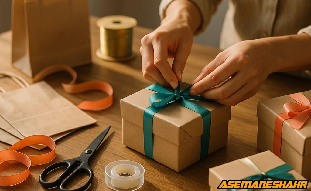 بسته بندی جعبه هدیه آسمان شهر با روبان فیروزه ای روی میز چوبی، همراه قیچی، نوارچسب و بگشاپ در نور گرم آماده سازی ارسال.