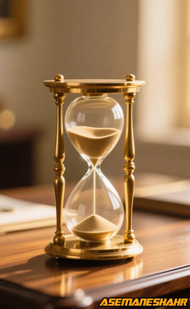 ساعت شنی طلایی آسمان شهر روی میز چوبی در نور گرم صبحگاهی، نماد زمان ارسال و دقت در تحویل سفارشها.