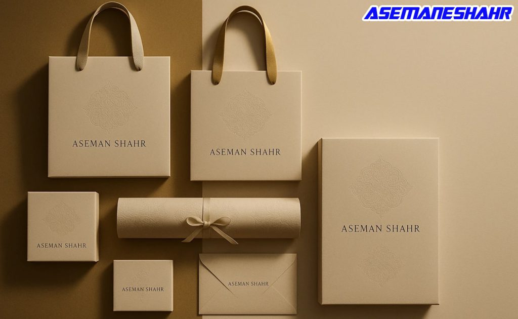 Handcrafted sustainable gift box packaging by Aseman Shahr, showing elegant hands tying a silk ribbon on a black box with gold‑foil logo.