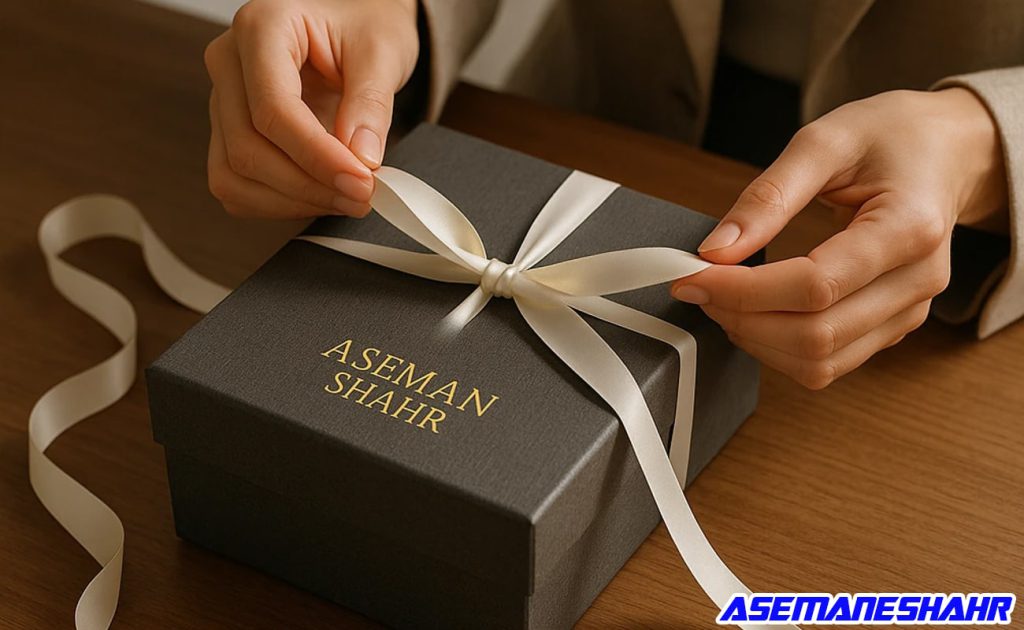 Aseman Shahr luxury packaging flatlay displaying Persian-inspired paper bags, gift boxes, wrapping papers and envelopes crafted with global elegance.
