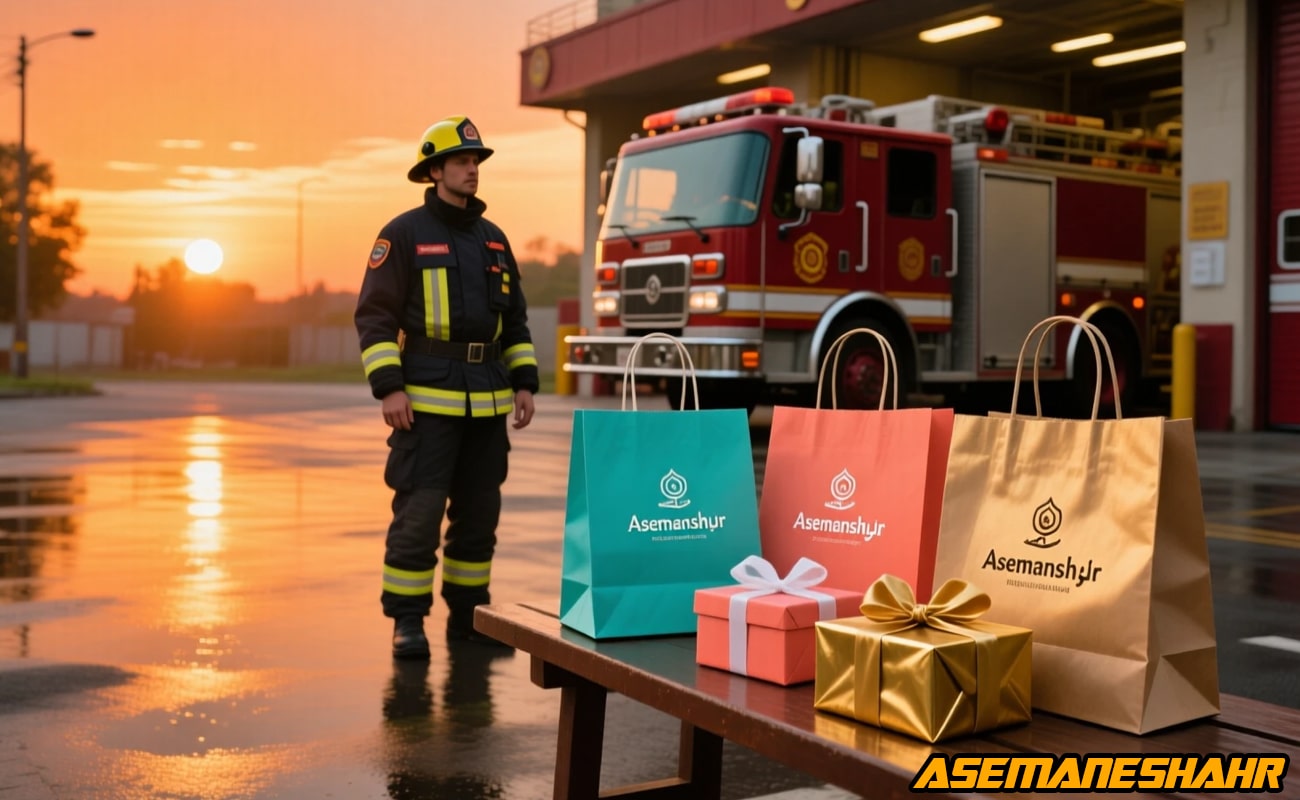 آتش نشان در مقابل ایستگاه آتش نشانی با چند ساک دستی و جعبه کادوی آسمان شهر در غروب گرم، نماد قدردانی از فداکاری قهرمانان.