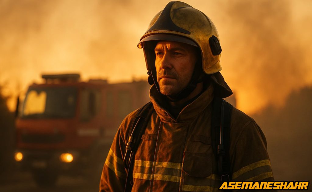 نیروی امداد شهری شجاع در حال عملیات امداد با لباس و کلاه ایمنی طلایی در کنار کامیون امداد رسان در غروب طلایی روز.