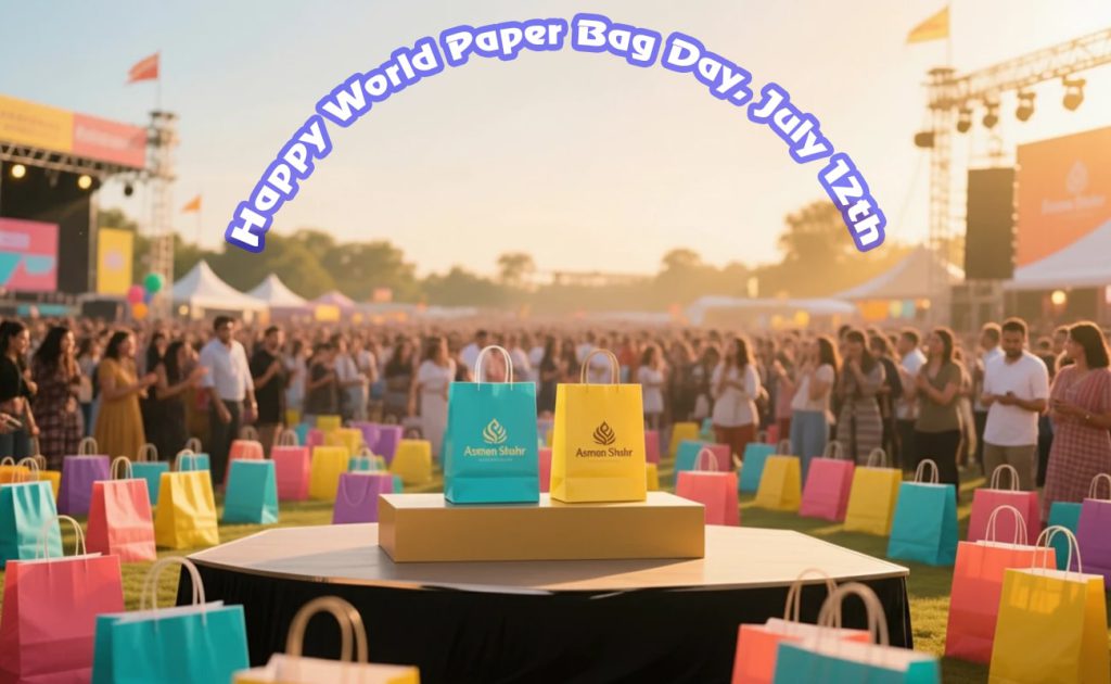 جشن بزرگ روز جهانی ساک دستی کاغذی آسمان شهر با حضور مردم، ساک‌ های رنگی روی زمین و دو ساک فیروزه‌ ای و زرد روی سکوی.