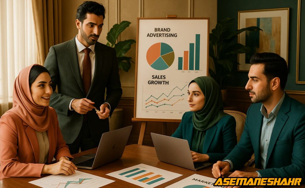 جلسه تیم فروش و بازاریابی در دفتر مدرن با نمودارهای تبلیغات برند و رشد فروش روی تابلو، نماد تحلیل داده و استراتژی خلاقانه.