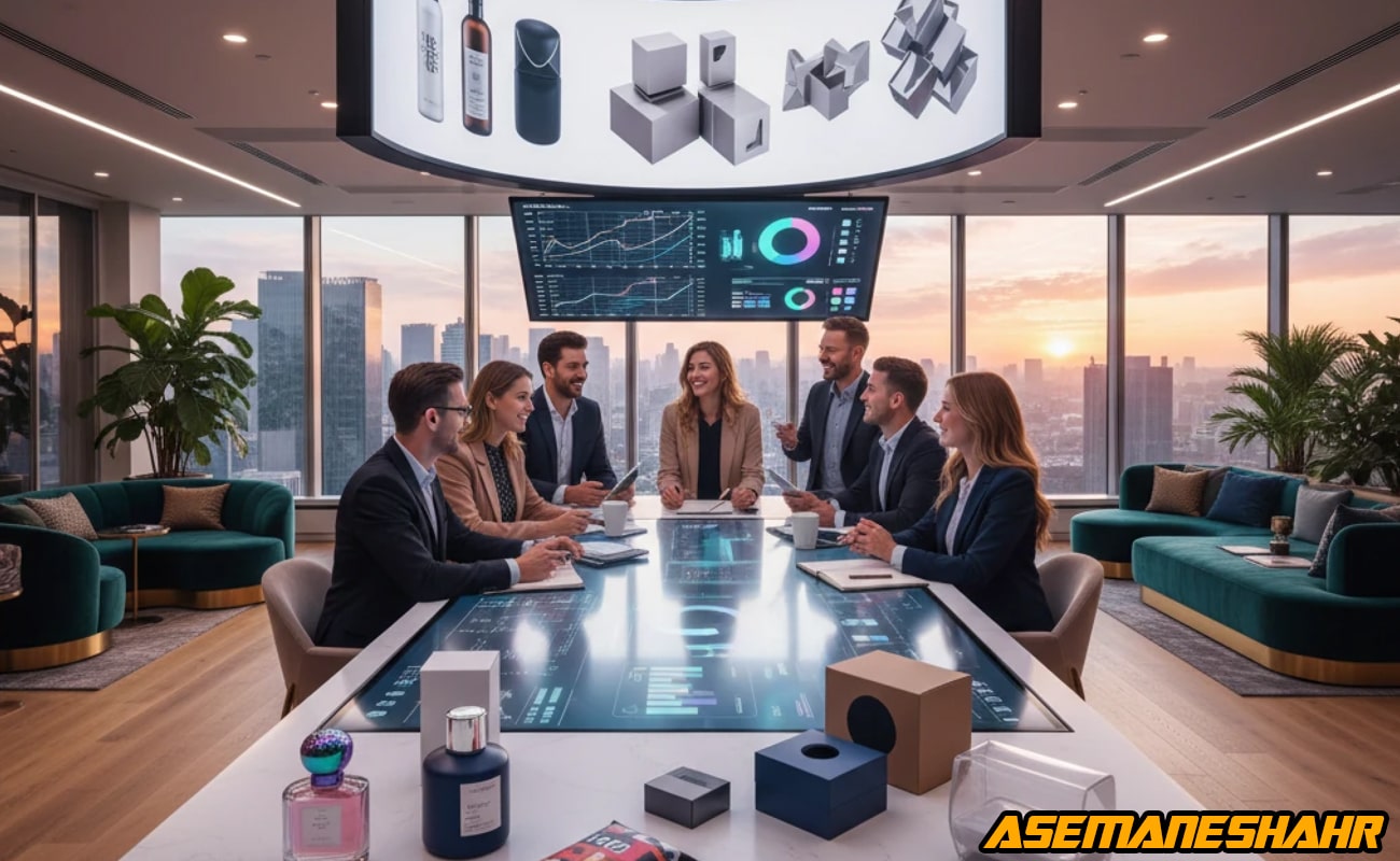جلسه تیم فروش و برندینگ آسمان شهر در دفتر آینده‌ نگر با نمای شهری غروب، میز هوشمند پر از بسته‌بندی‌های لوکس و نمودارهای.