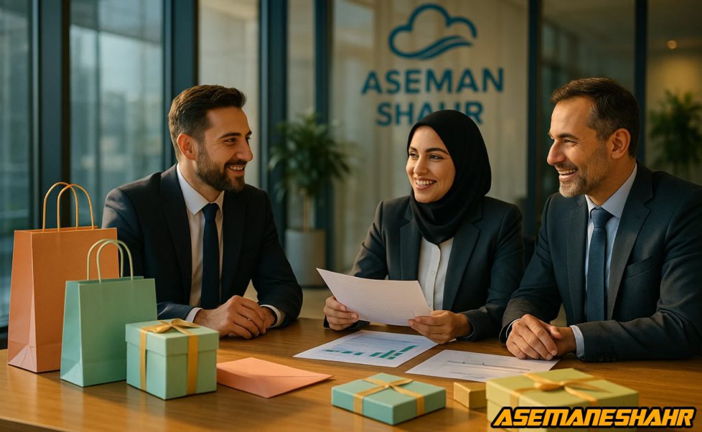 جلسه مدیریتی برند آسمان شهر با حضور مدیران ارشد در دفتر مدرن شیشه ای و بسته های هدیه روی میز، نماد استراتژی لوکس سازی.