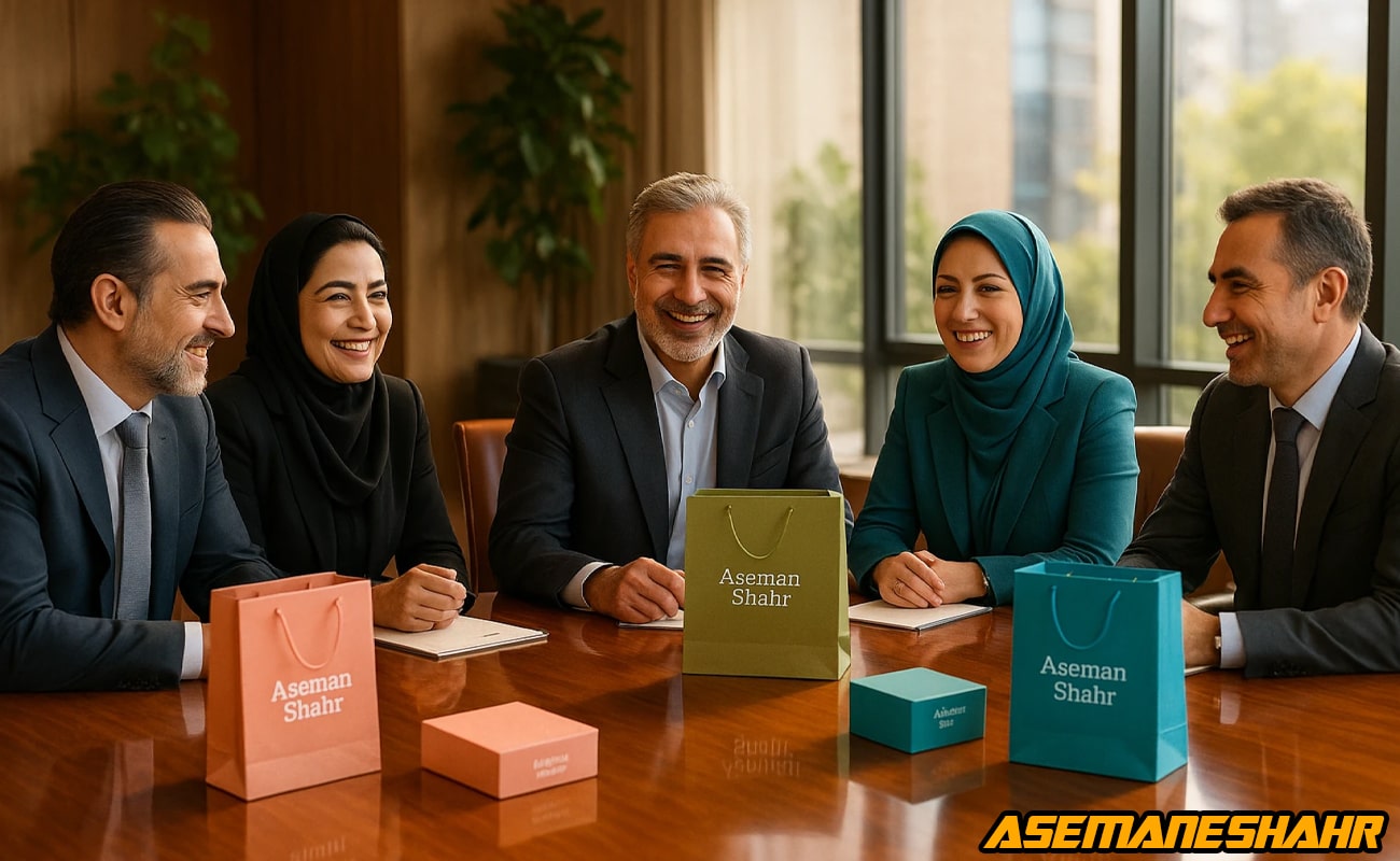 تیم ارشد آسمان شهر در جلسه مدیریتی با ساک‌ های رنگی برند روی میز چوبی، نماد هماهنگی استراتژیک و برنامه‌ ریزی حرفه‌ ای.