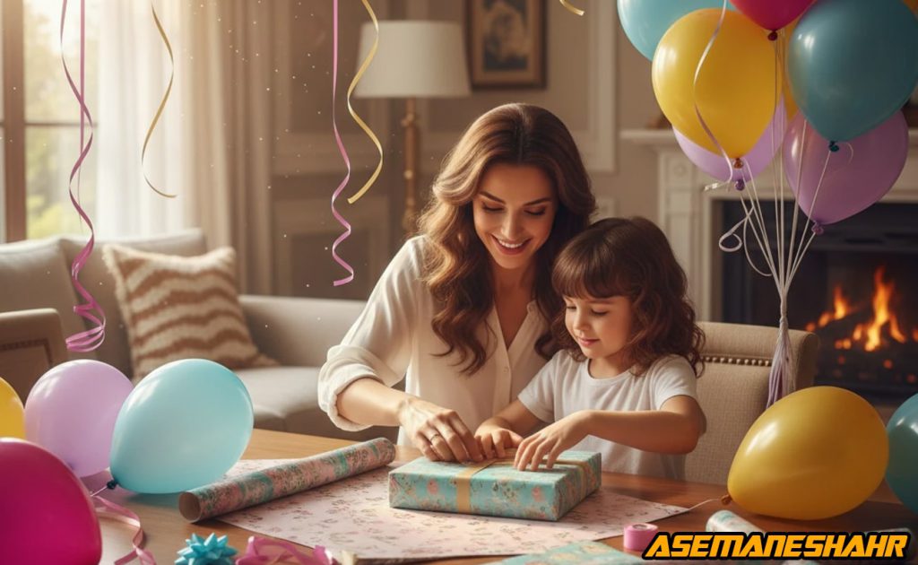 آموزش کادوپیچ هدیه جشن تولد کودک توسط مادر در محیط جشن با بادکنک‌ های رنگی و کاغذ کادو، القای شادی و همکاری خانوادگی.