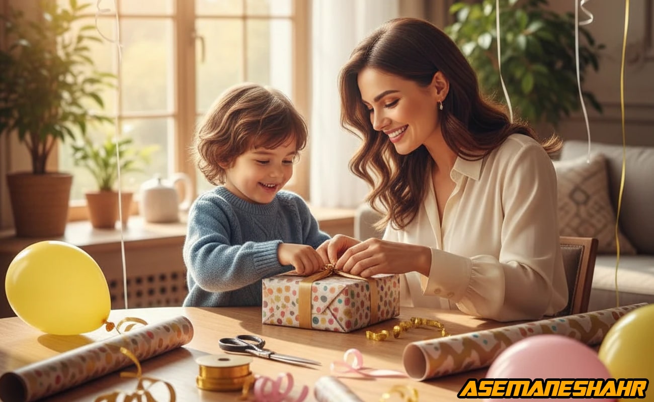 بسته‌ بندی هدیه تولد کودک با همکاری مادر در فضای جشن خانگی، روی میز چوبی همراه کاغذ کادو، روبان و بادکنک‌ های رنگی.