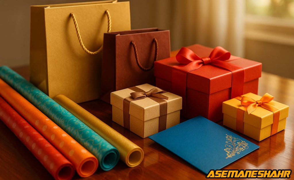 جعبه های هدیه لوکس با روبان های رنگی، ساک های کاغذی و رول های کاغذ کادو روی میز چوبی براق، محصول برند آسمان شهر.