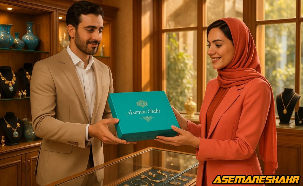 تحویل جعبه آبی فیروزه ای در فروشگاه جواهر با دکور طلایی و ویترین های شیشه ای، نماد خرید هدیه لوکس و تعامل حرفه ای مشتری.