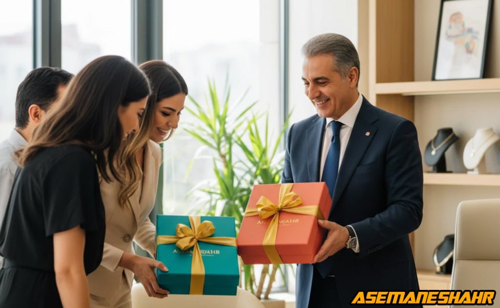 تحویل جعبه های کادویی آبی فیروزه ای و قرمز آسمان شهر با روبان طلایی توسط مدیر به کارکنان در فضای روشن اداری.