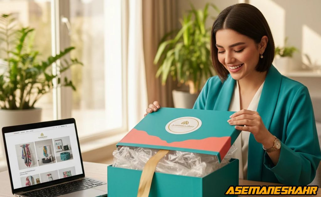 مشتری در حال گشودن جعبه هدیه سبز فیروزه ای روی میز با لپ تاپ باز فروشگاه، تجربه واقعی خرید آنلاین محصول.
