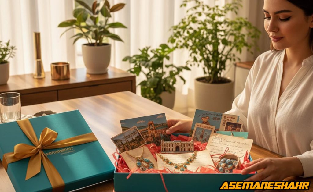 مشتری در حال تماشای محتوای جعبه کادویی شامل نامه و کارت های فرهنگی، تجربه احساسی و شخصی از خرید لوکس.