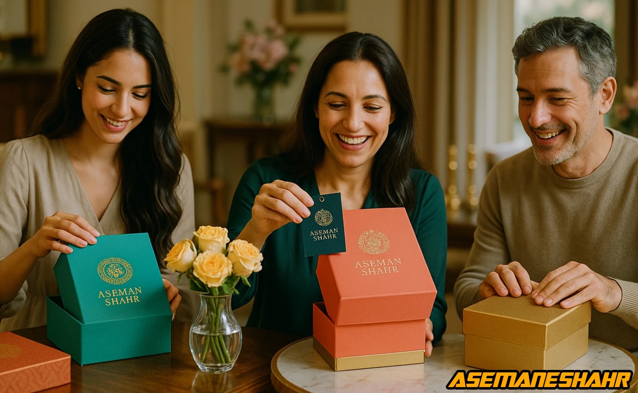سه خریدار در حال گشودن جعبه‌ های طلایی و فیروزه‌ ای آسمان شهر روی میز گل‌ آرایی‌ شده، لحظه اشتراک تجربه خرید خانوادگی.