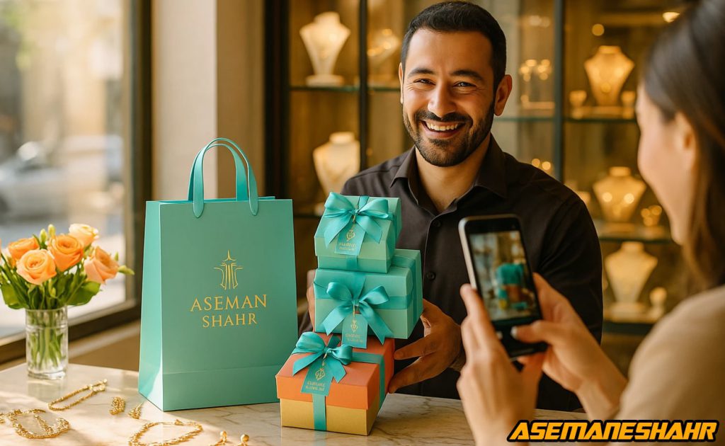 عکاسی از ساک و جعبه های هدیه فیروزه ای آسمان شهر با روبان طلایی در فروشگاه طلا، نمایش بسته بندی لوکس و ظرافت برند.