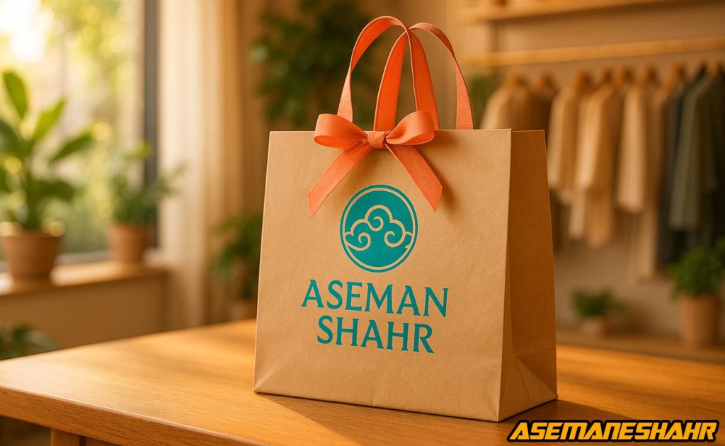 ساک کرافت آسمان شهر با لوگوی فیروزه ای و روبان مرجانی روی میز چوبی در فضای طبیعی روشن، نماد بسته بندی دوستدار محیط زیست.
