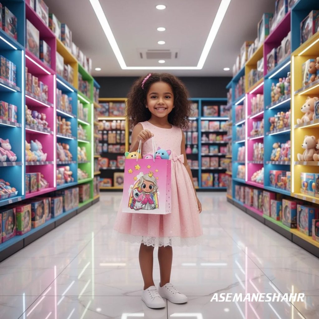 دختر کوچک در فروشگاه مدرن اسباب‌ بازی با ساک صورتی آسمان شهر طرح پرنسس، میان قفسه‌ های رنگارنگ محصولات.