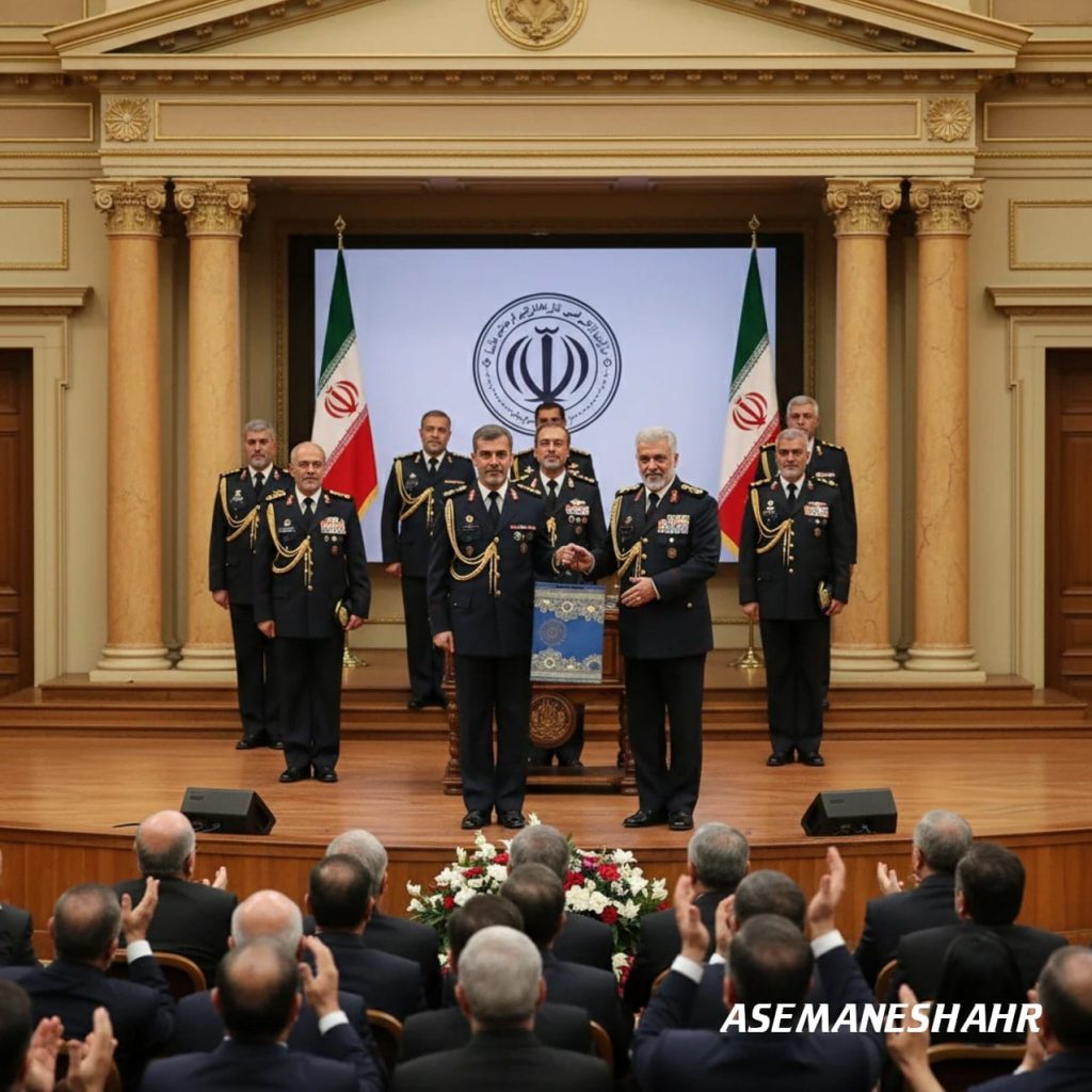 افسران ارشد در مراسم رسمی تقدیر نظامی با ساک هدیه آبی در سالن تشریفات ملی.