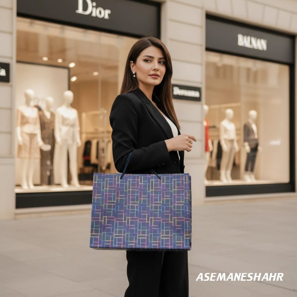 بانوی شیک با کیف هدیه هندسی آبی آسمان شهر مقابل بوتیک‌ های لوکس دیور و بالمان در خیابان مدرن.