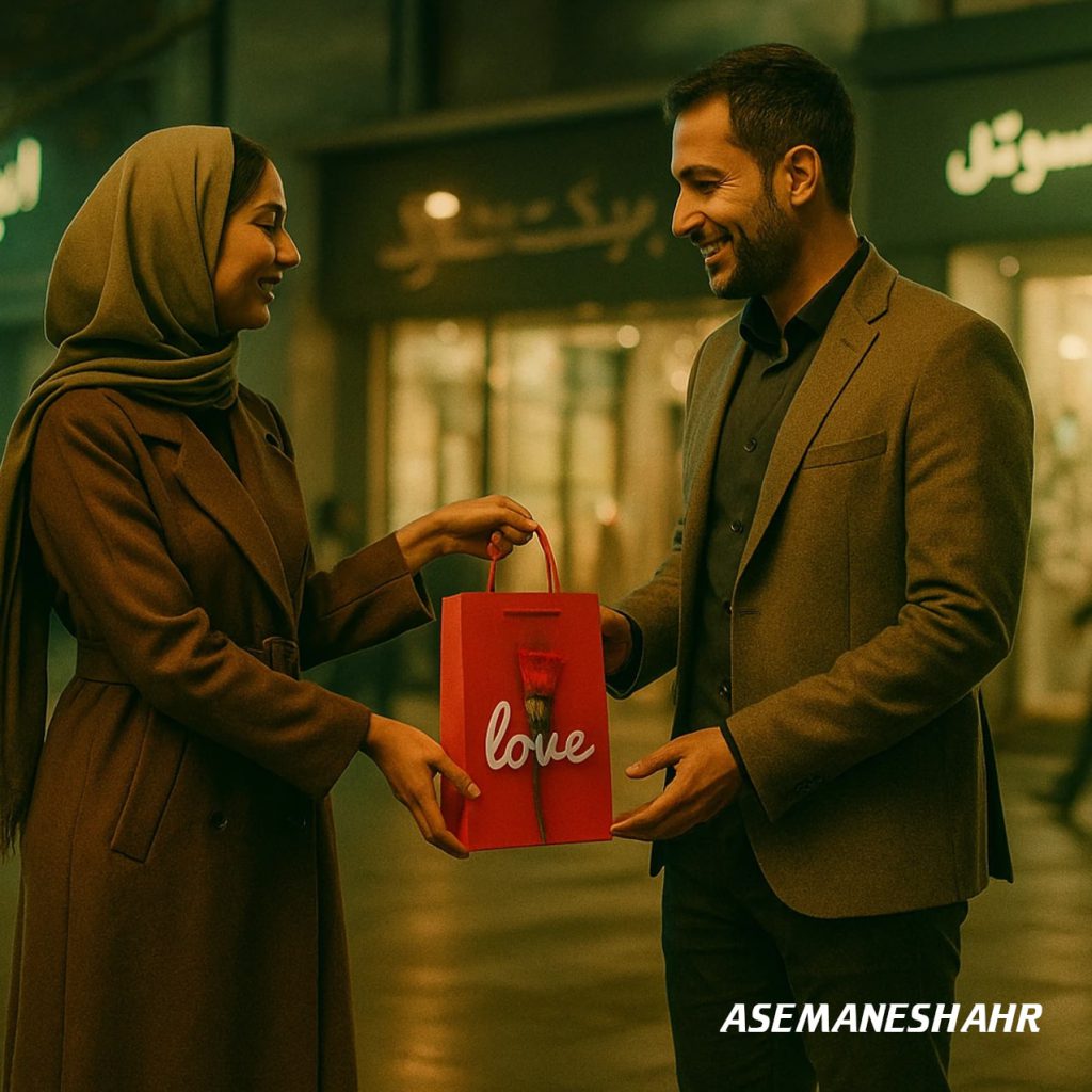 زوجی شیک‌ پوش در فضای شب شهری در حال تبادل پاکت هدیه قرمز با طرح گل و واژه Love.