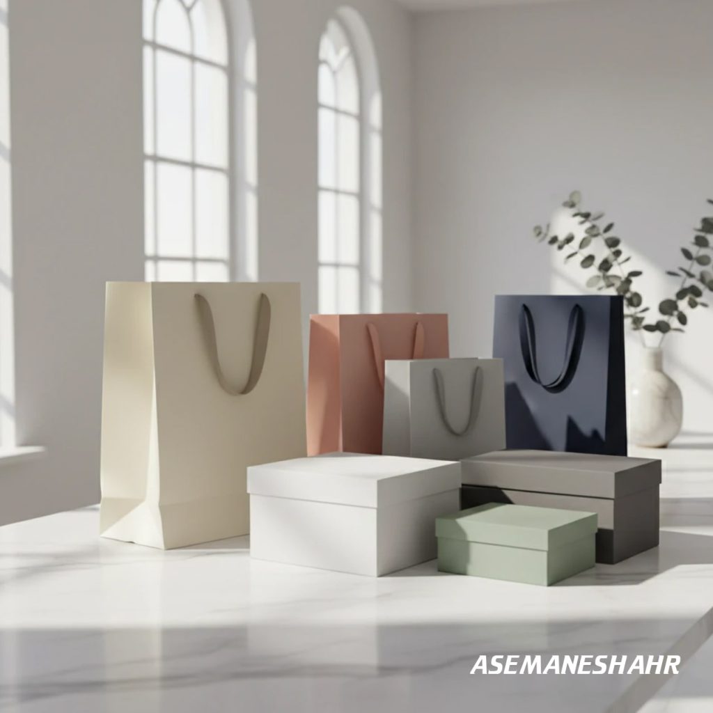 مجموعه کیف و جعبه‌ هدیه در رنگ‌ های پاستلی روی میز مرمر سفید، زیر نور طبیعی روز.