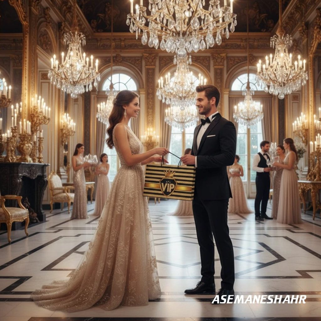 کیف VIP در مراسم مجلل عروسی با دکور طلایی و لوسترهای کریستالی، نماد هدیه مخصوص تشریفات.