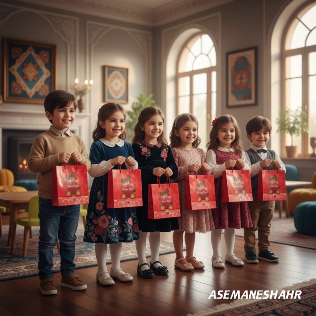 کودکان شاد در مهدکودک لوکس با بگ شاپ های کاغذی قرمز طرح خرس آسمان شهر در نور گرم روز.