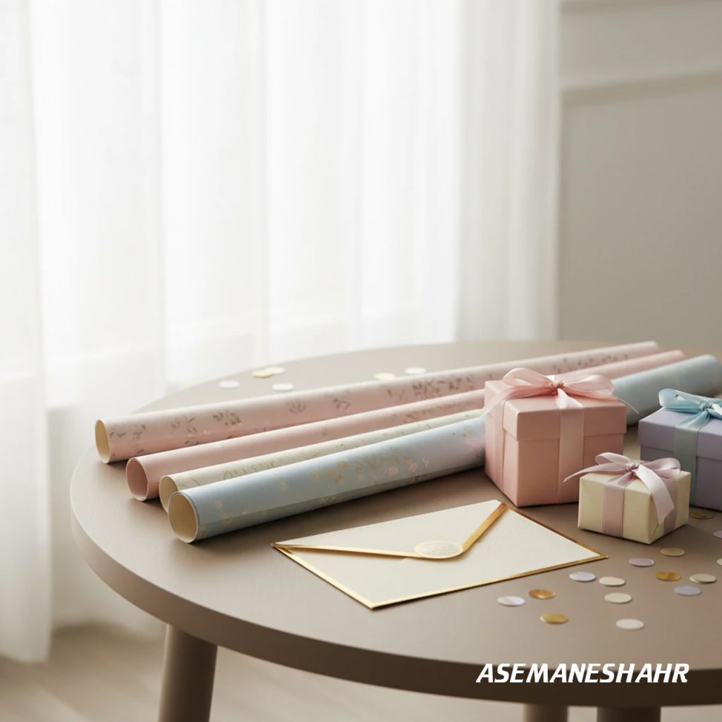 جعبه‌ های رنگی و کاغذهای بسته‌ بندی پاستلی آسمان شهر روی میز گرد مقابل پرده سفید، نماد سادگی و لطافت هدیه.