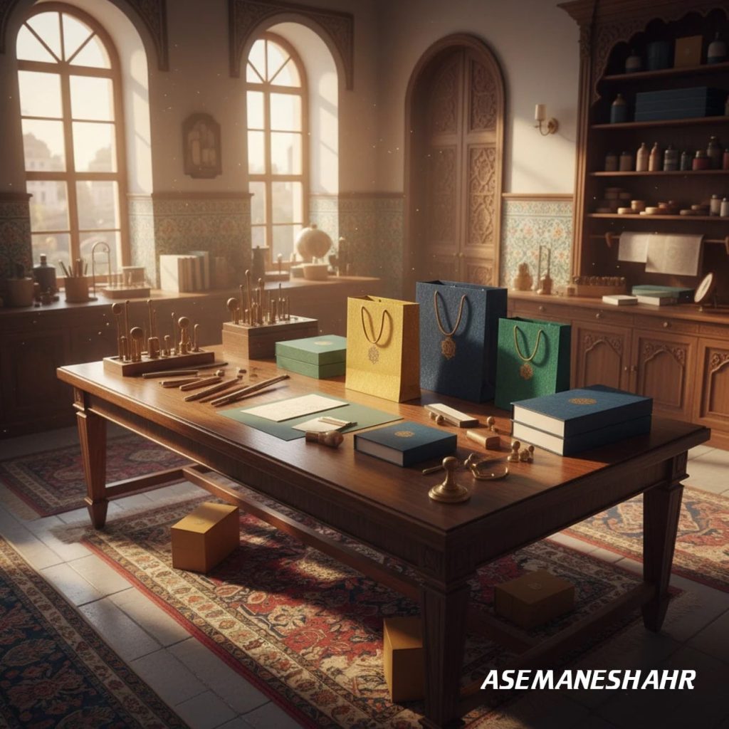 جعبه‌ها و ساک‌ های هدیه فروشگاه آسمان شهر در کارگاه هنری با میز چوبی،مهر طلایی و نور گرم شهری از پنجره، نماد طراحی ایرانی لوکس.