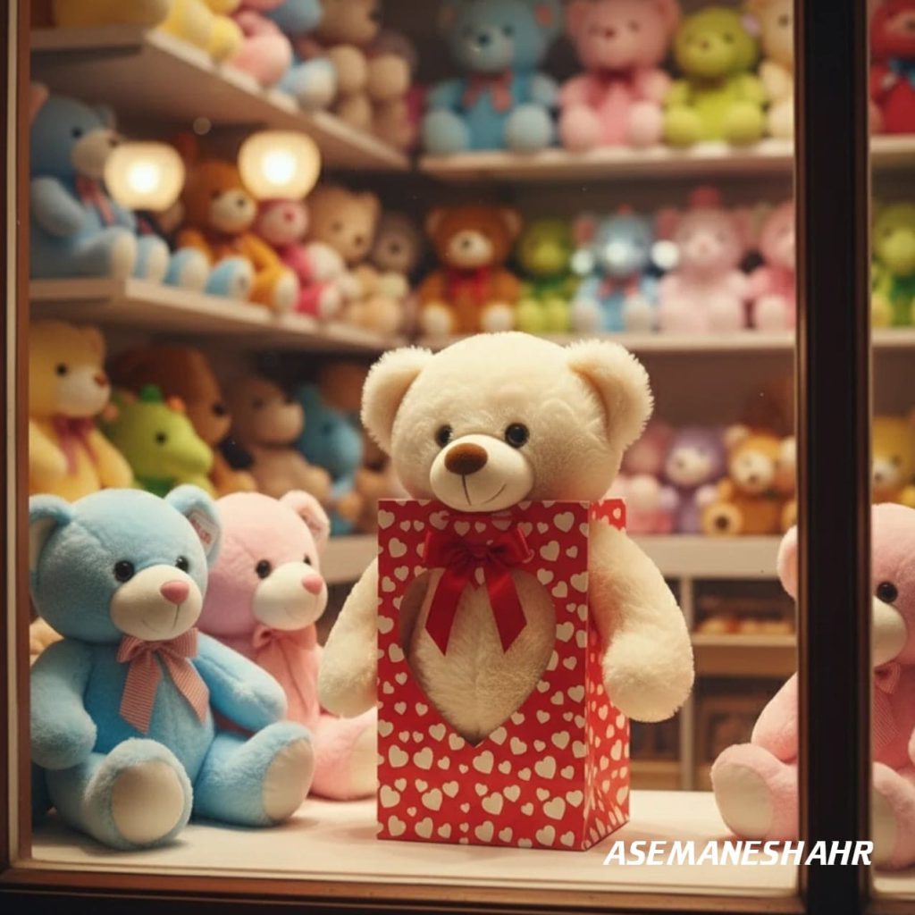 بگ قرمز جلو ویترین دار برند آسمان شهر با طرح قلب و خرس در ویترین فروشگاه اسباب‌ بازی، کنار عروسک‌ های رنگی و نور ملایم.