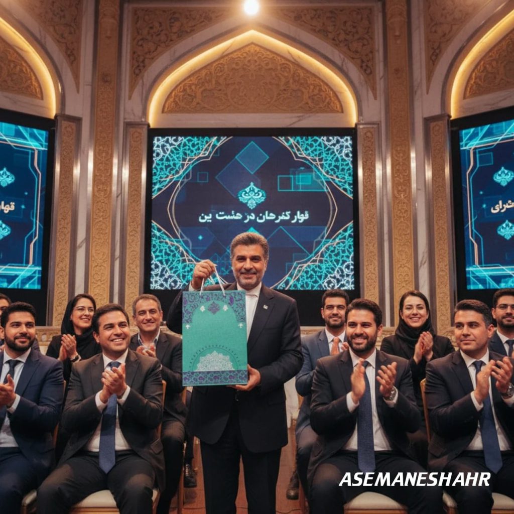 جلسه رسمی مدیران صنعت در تالار مجلل با ساک دستی فیروزه‌ ای فروشگاه اینترنتی آسمان شهر، نماد تقدیر شرکتی.