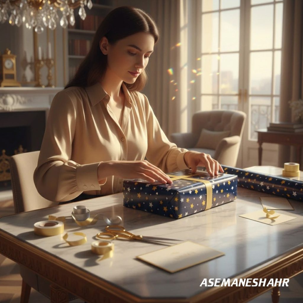 بسته‌ های هدیه آبی آسمان شهر با روبان طلایی روی میز مرمر روشن در آپارتمان لوکس با نور گرم عصرگاهی.