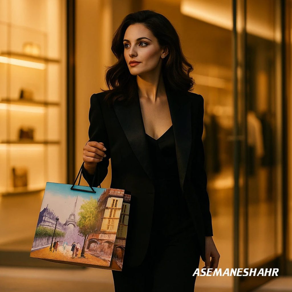 بانوی شیک‌ پوش با لباس مشکی در حال خرید با ساک دستی طرح پاریس، در فضای مدرن فروشگاه لوکس.