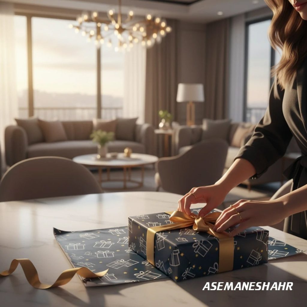 بسته‌ بندی هدیه با کاغذ آبی ستاره‌ ای و روبان طلایی روی میز کلاسیک، در نور صبحگاهی لطیف.