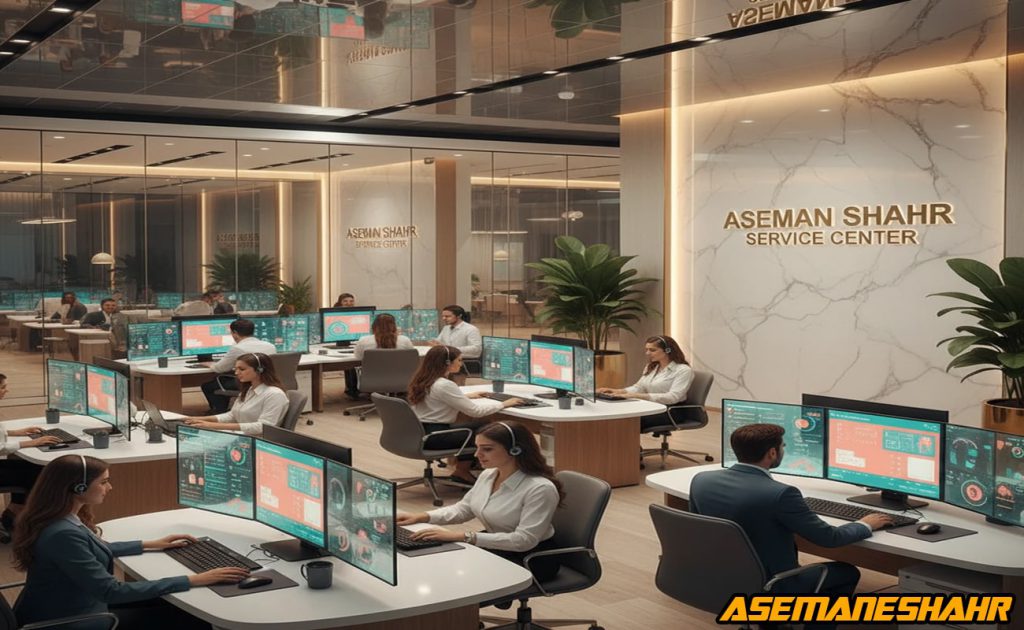 مرکز خدمات مشتریان آسمان شهر با طراحی مدرن، تیم پشتیبانی فعال پشت مانیتورهای هوشمند، نماد پاسخگویی سریع و اعتبار برند لوکس.