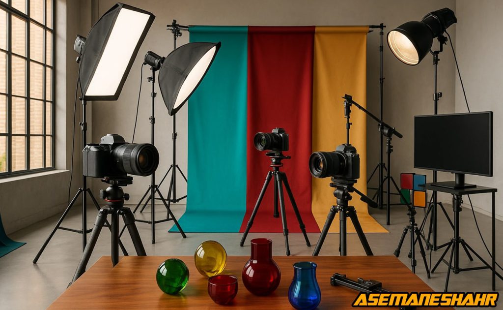 دوربین‌ های حرفه‌ای روی سه‌ پایه مقابل بک‌ دراپ‌ های فیروزه‌ ای،قرمز و زرد با نورپردازی استودیویی،نماد آتیله عکاسی آسمان‌ شهر.