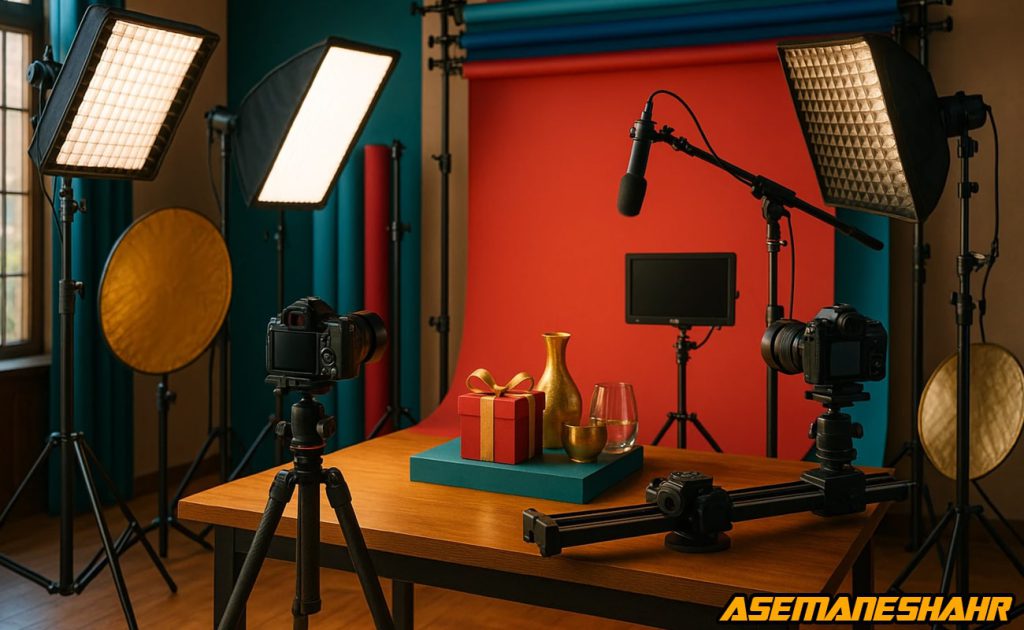 صحنه عکاسی با نورهای LED،دوربین‌ های حرفه‌ای و اسلایدر موتوری مقابل بک‌ دراپ قرمز، همراه چیدمان هدیه طلایی،کارگاه تولید محتوای.